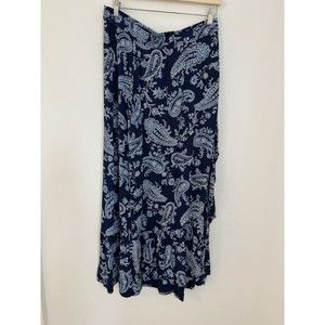 Talbots Womens Faux Wrap Maxi Skirt Knit Ruffle Blue White Paisley Large Pull On